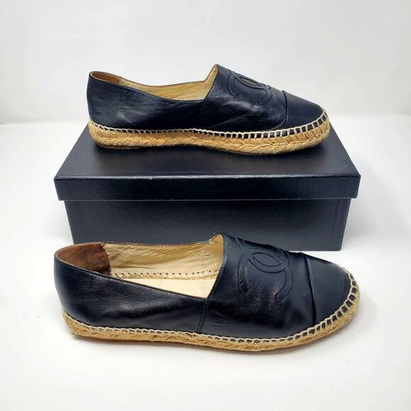 Chanel Espadrilles Lambskin Cap Toe Double Stack Cc Flats Slip-On Black 39 US9 - Picture 2 of 14